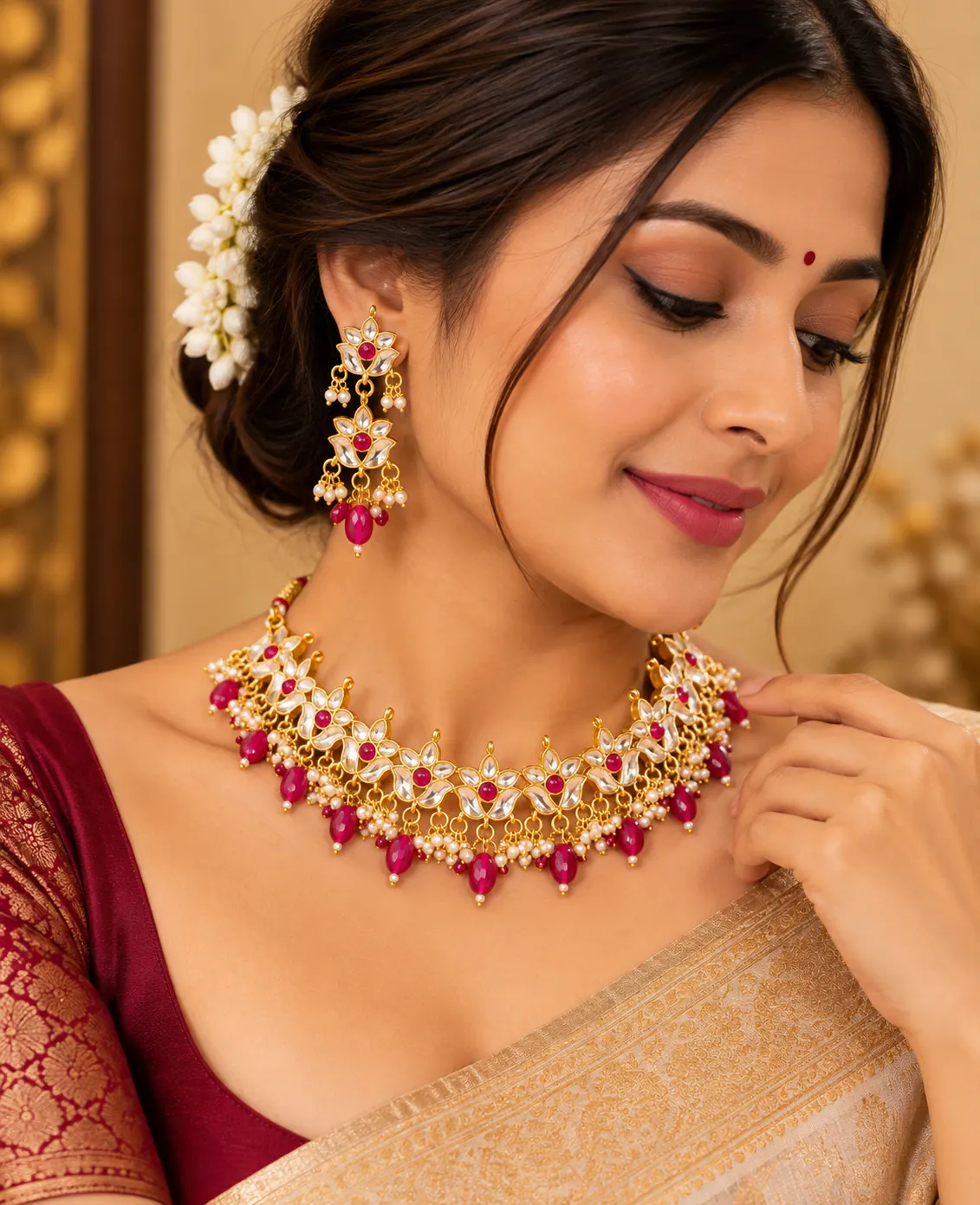 Kundan Lotus Set with Earrings, image 2